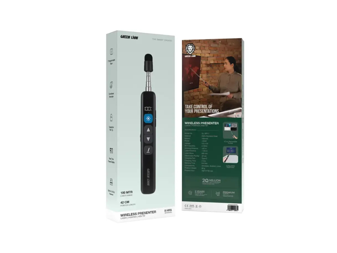 Green Lion Wireless Presenter with Retractable Pointer - Black | Qatar Green Lion Wireless Presenter with Retractable Pointer - Black | Qatar